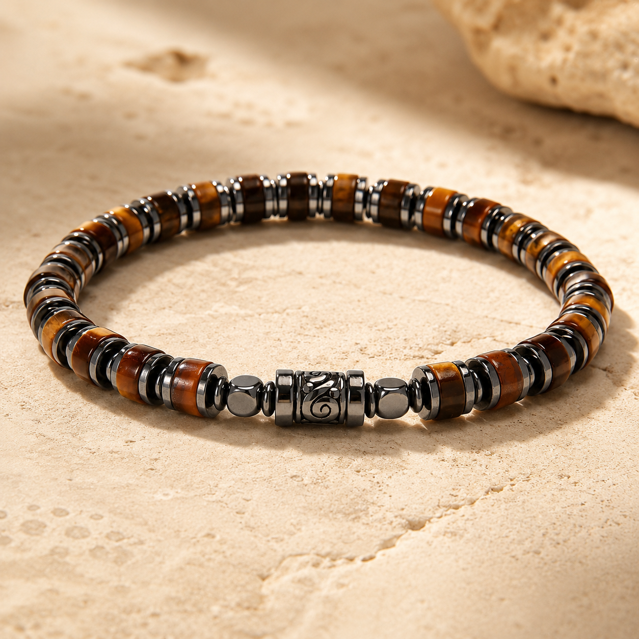 Old Roads Tiger Eye Bracelet on warm stone surface