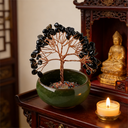 The Guardian's Vessel" Black Obsidian Protection Bonsai (7-Chakra Base)