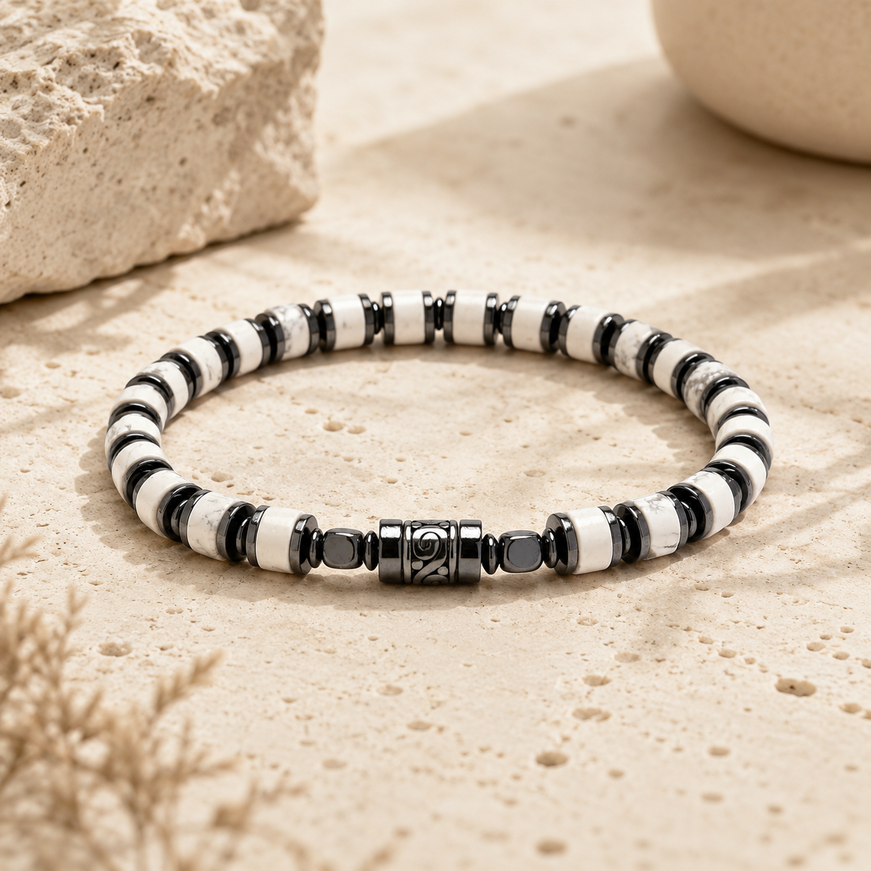 Old Roads white turquoise-style stone 4mm column bead bracelet wrist scale and bead detail photo