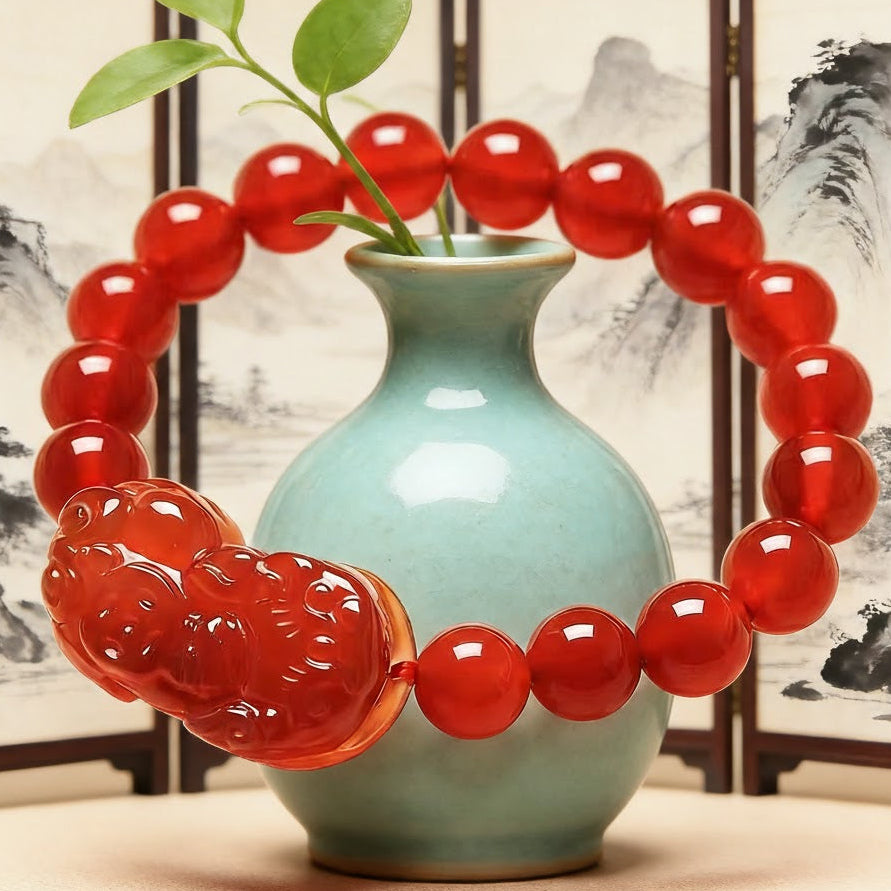 Wealth Guardian Red Agate & Gold-Etched PiXiu Talisman