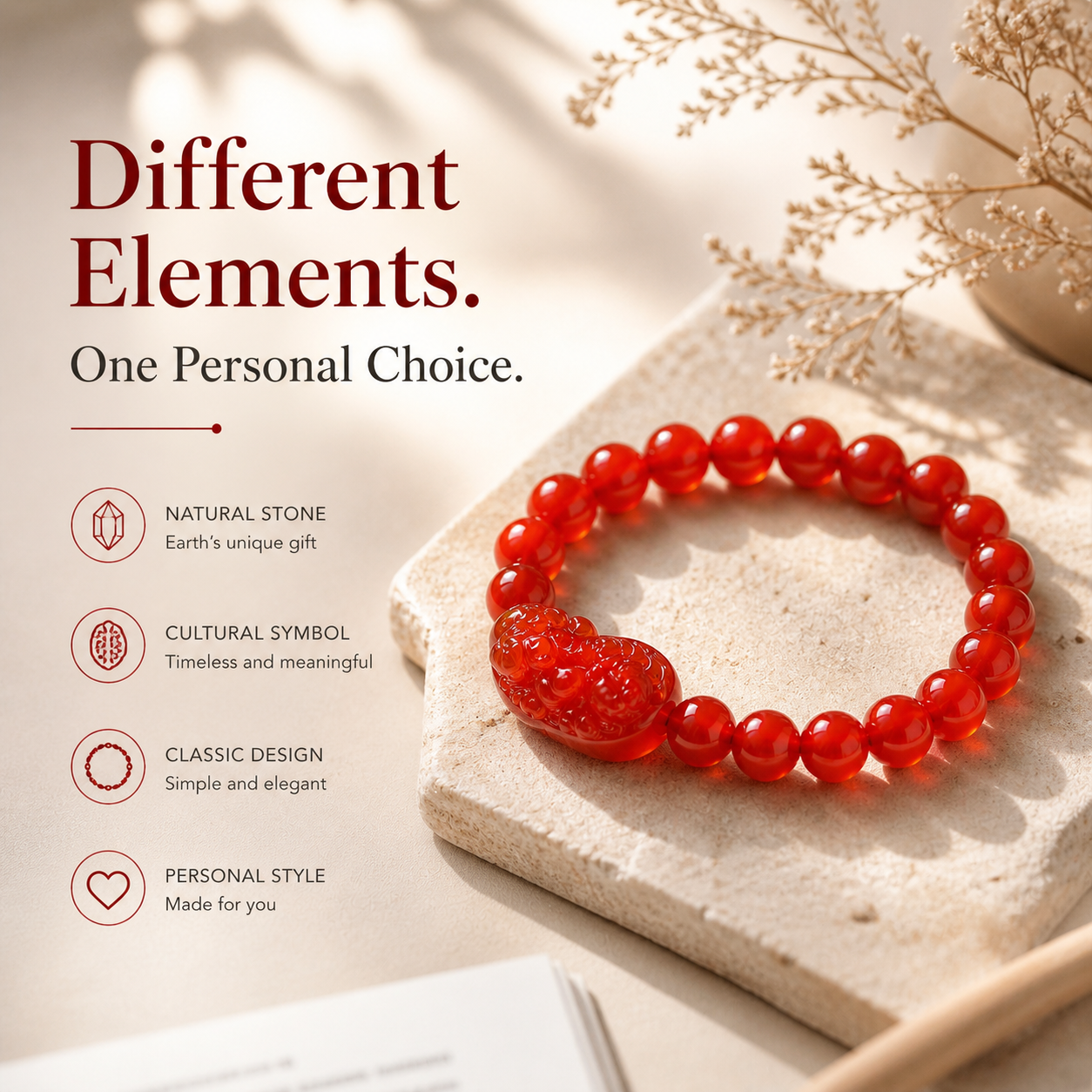 Natural red agate bead bracelet with bold polished stone style