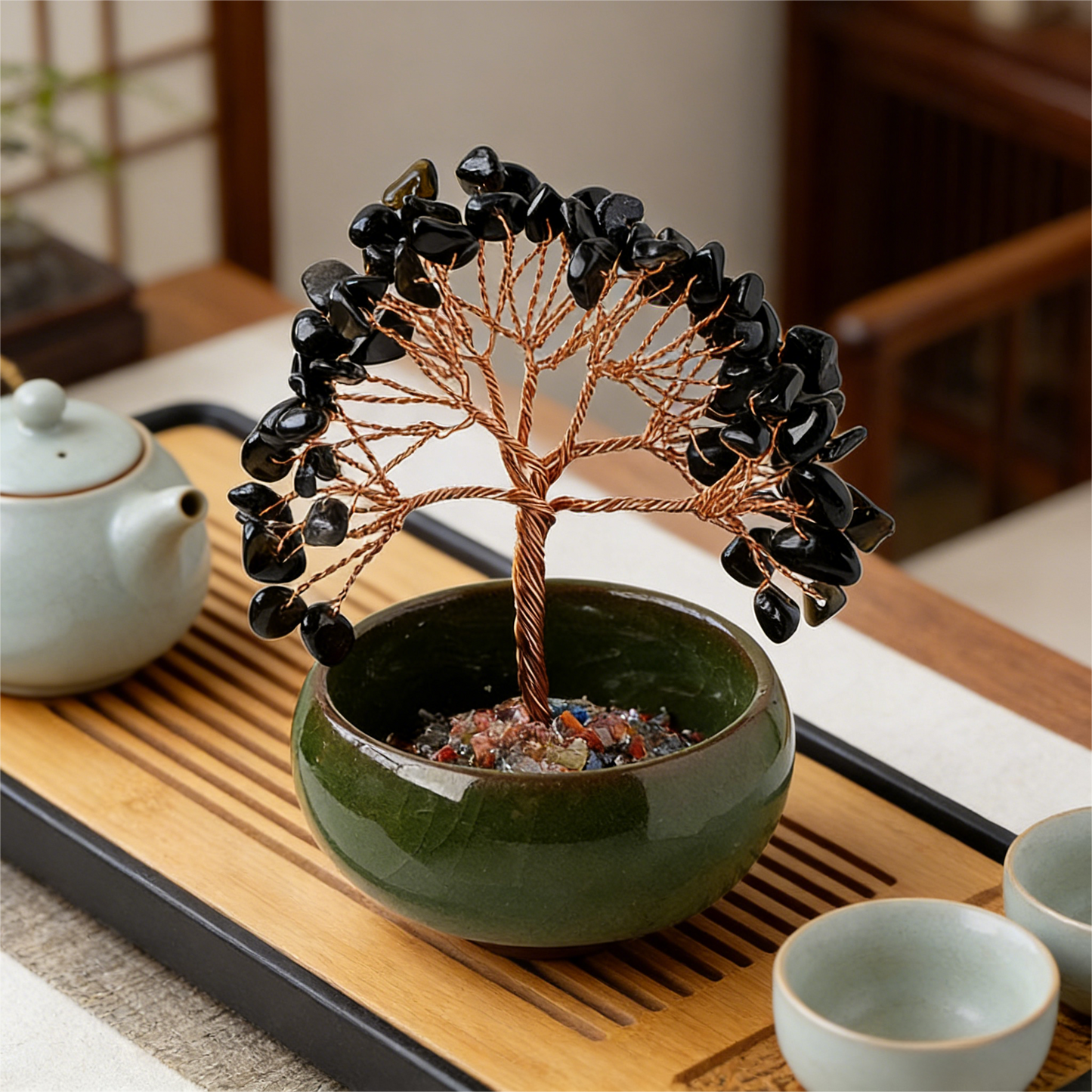 The Guardian's Vessel" Black Obsidian Protection Bonsai (7-Chakra Base)