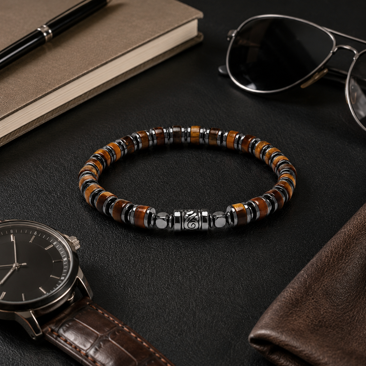 Old Roads Tiger Eye Bracelet styled with watch and notebook