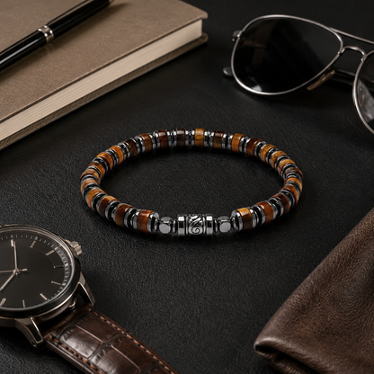 Old Roads Tiger Eye Bracelet styled with watch and notebook