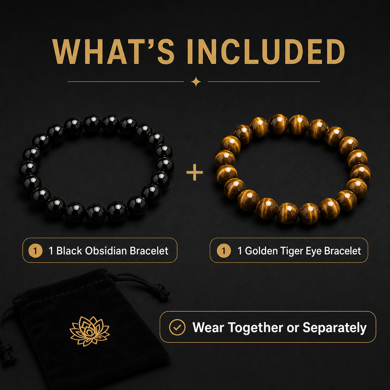 Black Obsidian & Tiger Eye Bracelet Set with polished natural stone finish