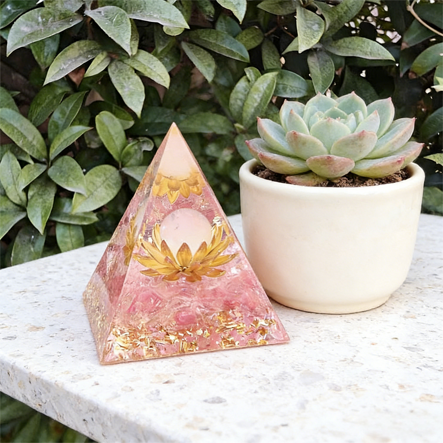Sacred Lotus" Pink Crystal Orgone Pyramid (Heart Healing)