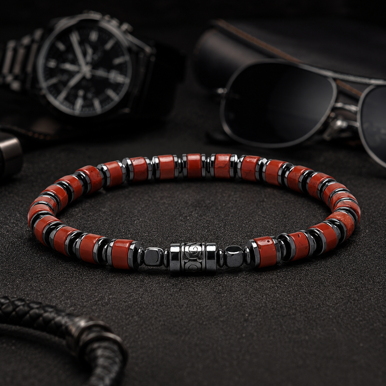 Old Roads red stone 4mm column bead bracelet wrist scale and bead detail photo