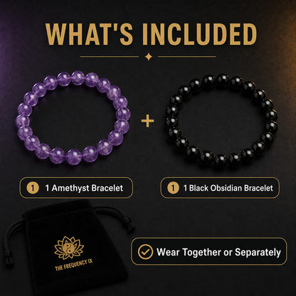 Amethyst & Black Obsidian Bracelet Set with polished natural stone finish