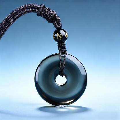Black Obsidian Circle Pendant Necklace close-up detail