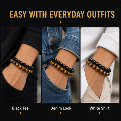 Black Obsidian & Tiger Eye Bracelet Set styled for daily wear