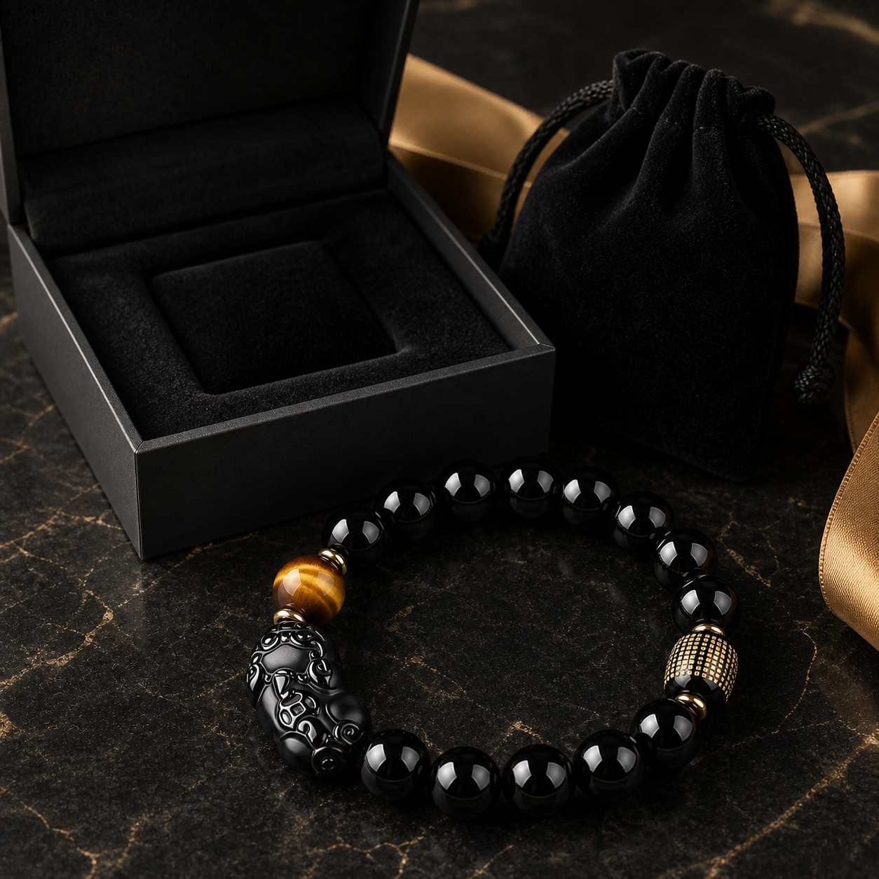 Black Obsidian Pixiu Bracelet | Tiger Eye close-up detail