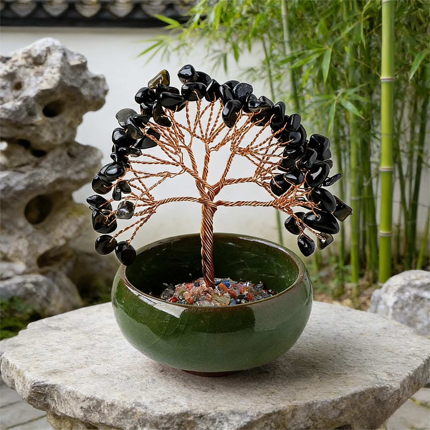 The Guardian's Vessel" Black Obsidian Protection Bonsai (7-Chakra Base)
