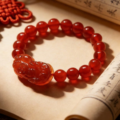 Wealth Guardian Red Agate & Gold-Etched PiXiu Talisman