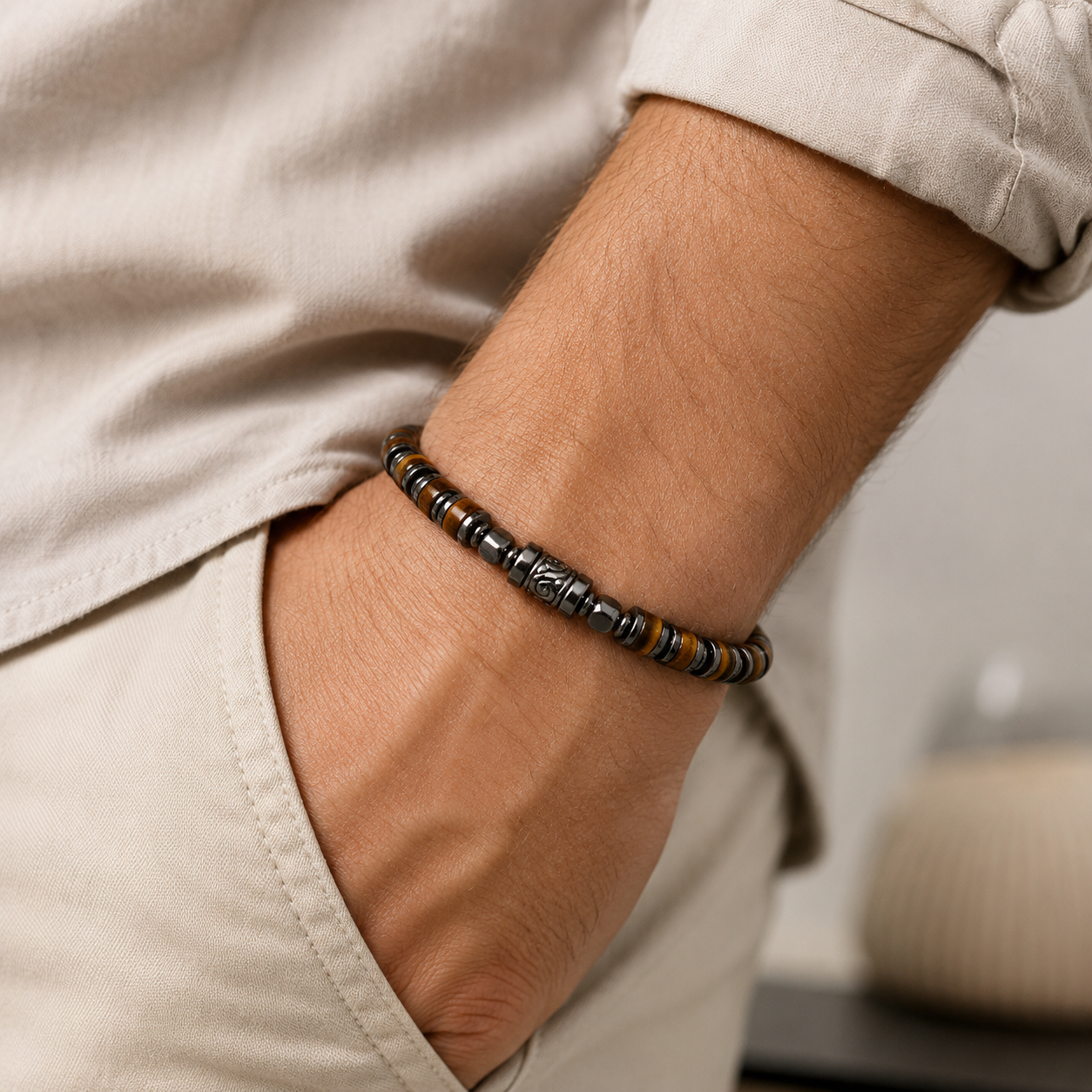 Old Roads Tiger Eye Bracelet worn on wrist with neutral shirt