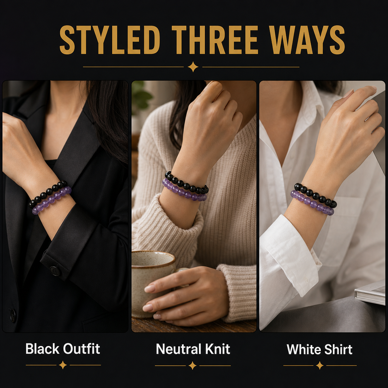 Amethyst & Black Obsidian Bracelet Set styled for daily wear