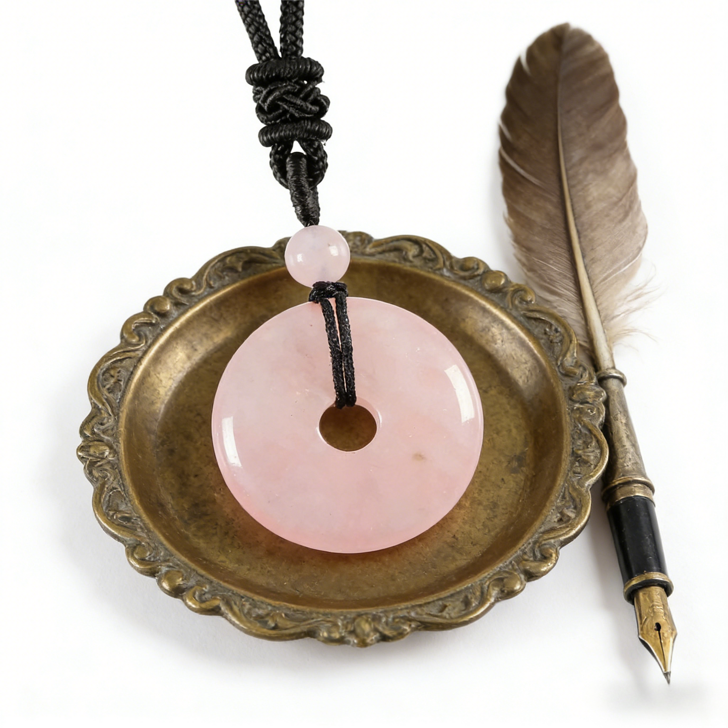 Rose Quartz Circle Pendant Necklace close-up detail