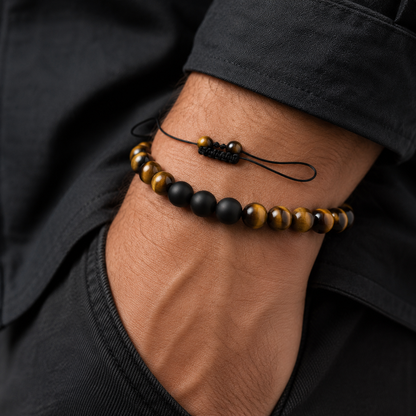 Tiger Eye & Matte Black Bracelet worn on wrist