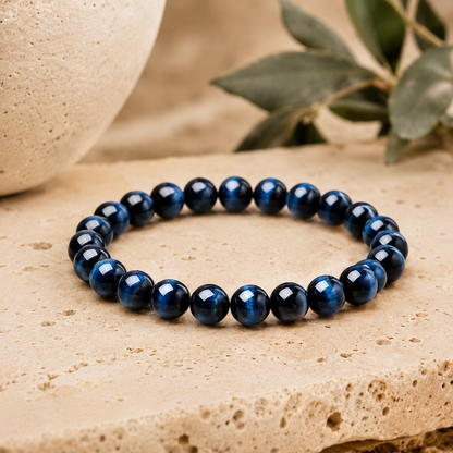 Blue Tiger Eye bracelet on black background showing deep blue cat's-eye bands