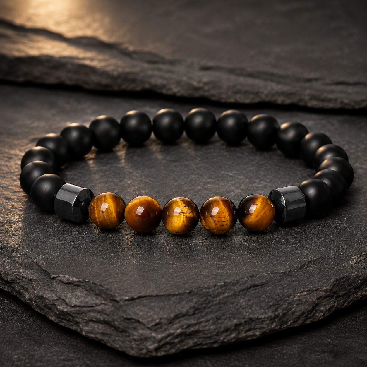 Tiger Eye & Matte Black Silver-Tone Bracelet styled on dark stone surface