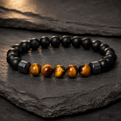 Tiger Eye & Matte Black Silver-Tone Bracelet styled on dark stone surface
