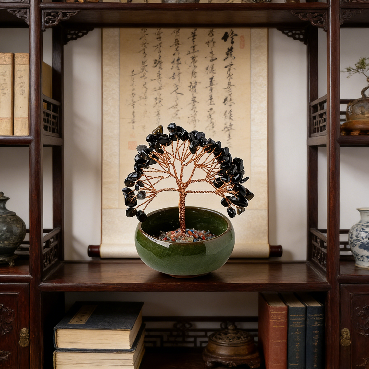 The Guardian's Vessel" Black Obsidian Protection Bonsai (7-Chakra Base)