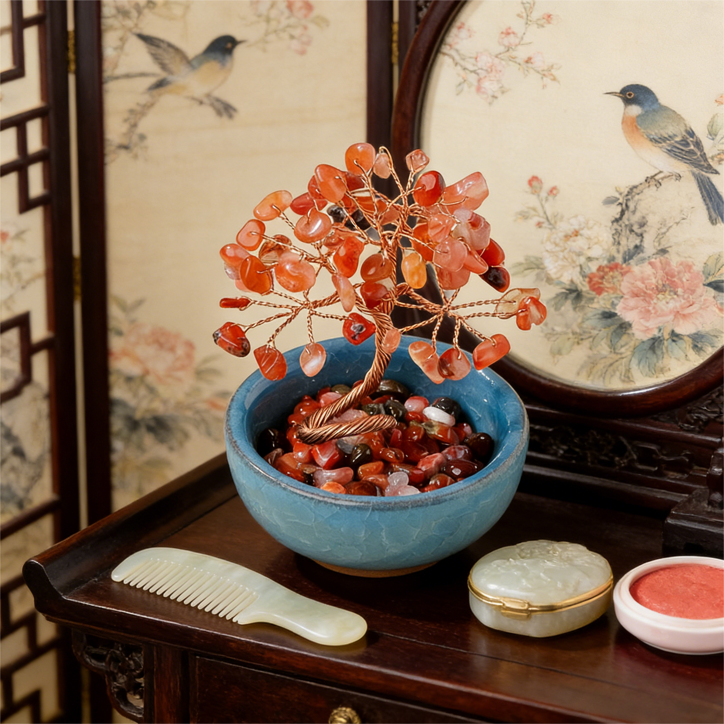 The Flame of Vitality" Red Agate Root Chakra Bonsai (6 Branches)