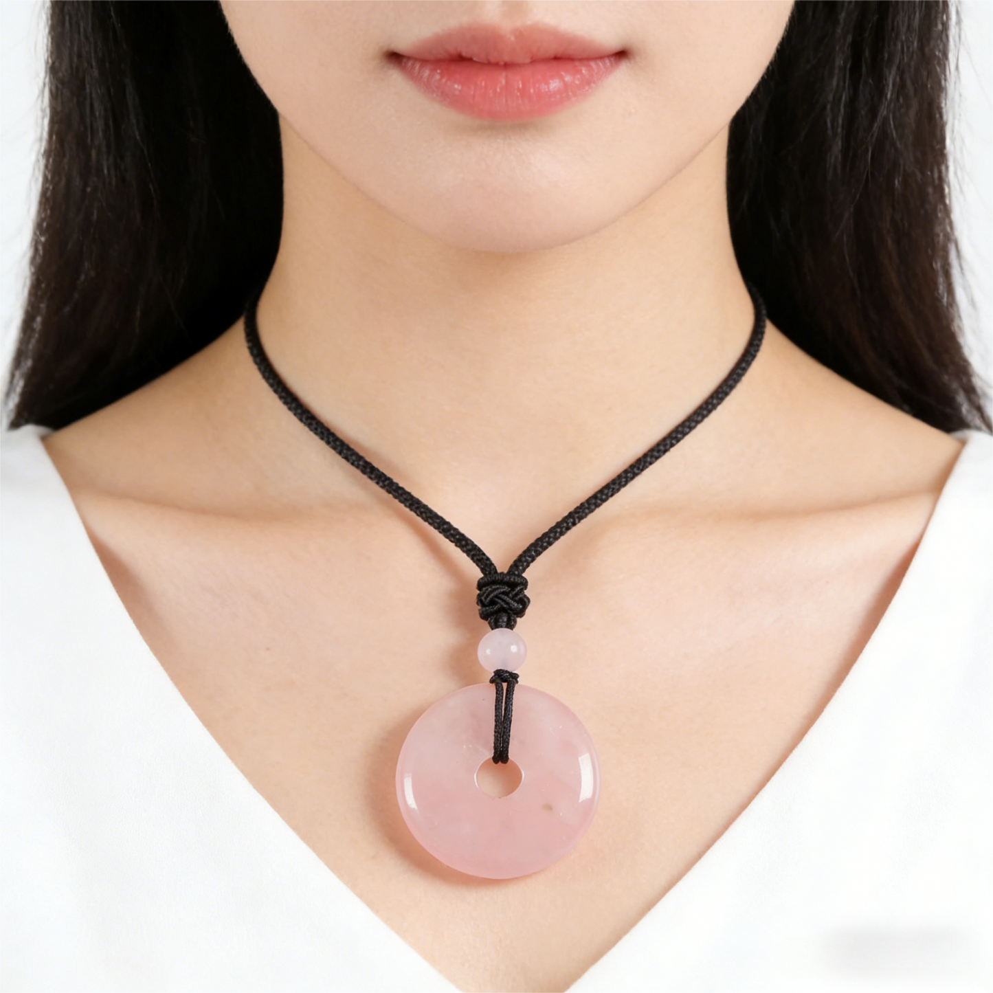 Rose Quartz Circle Pendant Necklace product photo with natural stone detail