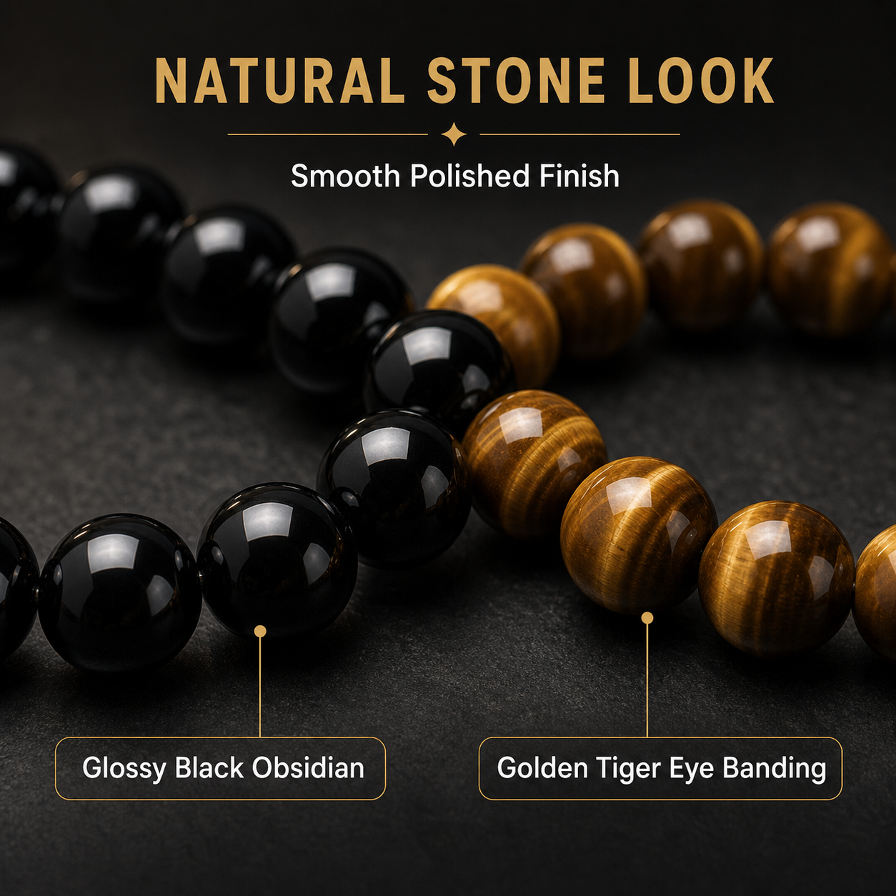 Black Obsidian & Tiger Eye Bracelet Set close-up detail