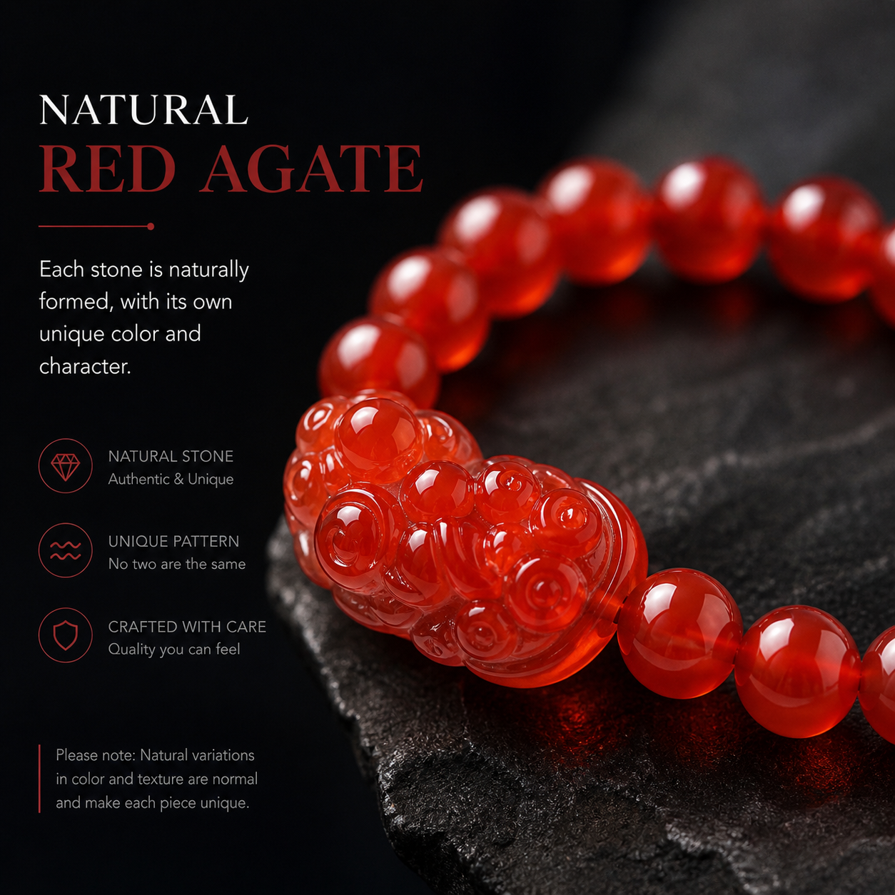 Red Agate Pixiu bracelet with carved red stone charm detail