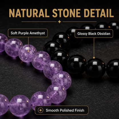 Amethyst & Black Obsidian Bracelet Set close-up detail