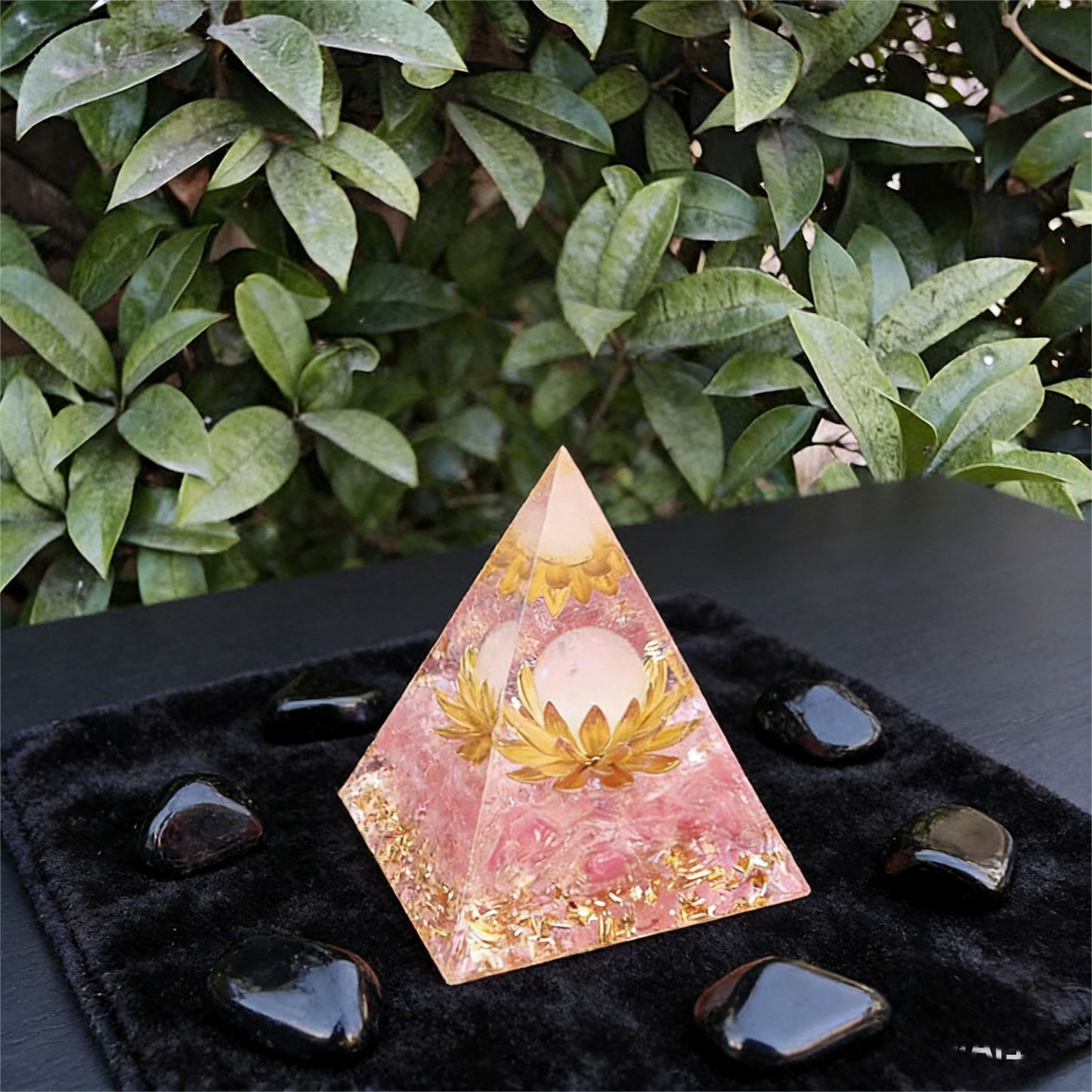 Sacred Lotus" Pink Crystal Orgone Pyramid (Heart Healing)