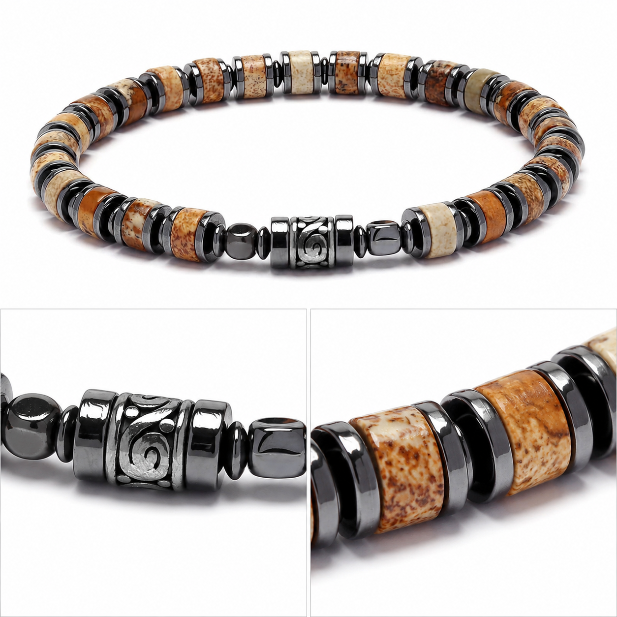 Old Roads picture jasper 4mm column bead bracelet wrist scale and bead detail photo