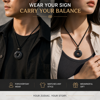 12 Zodiac Black Obsidian Pendant product photo with natural stone detail