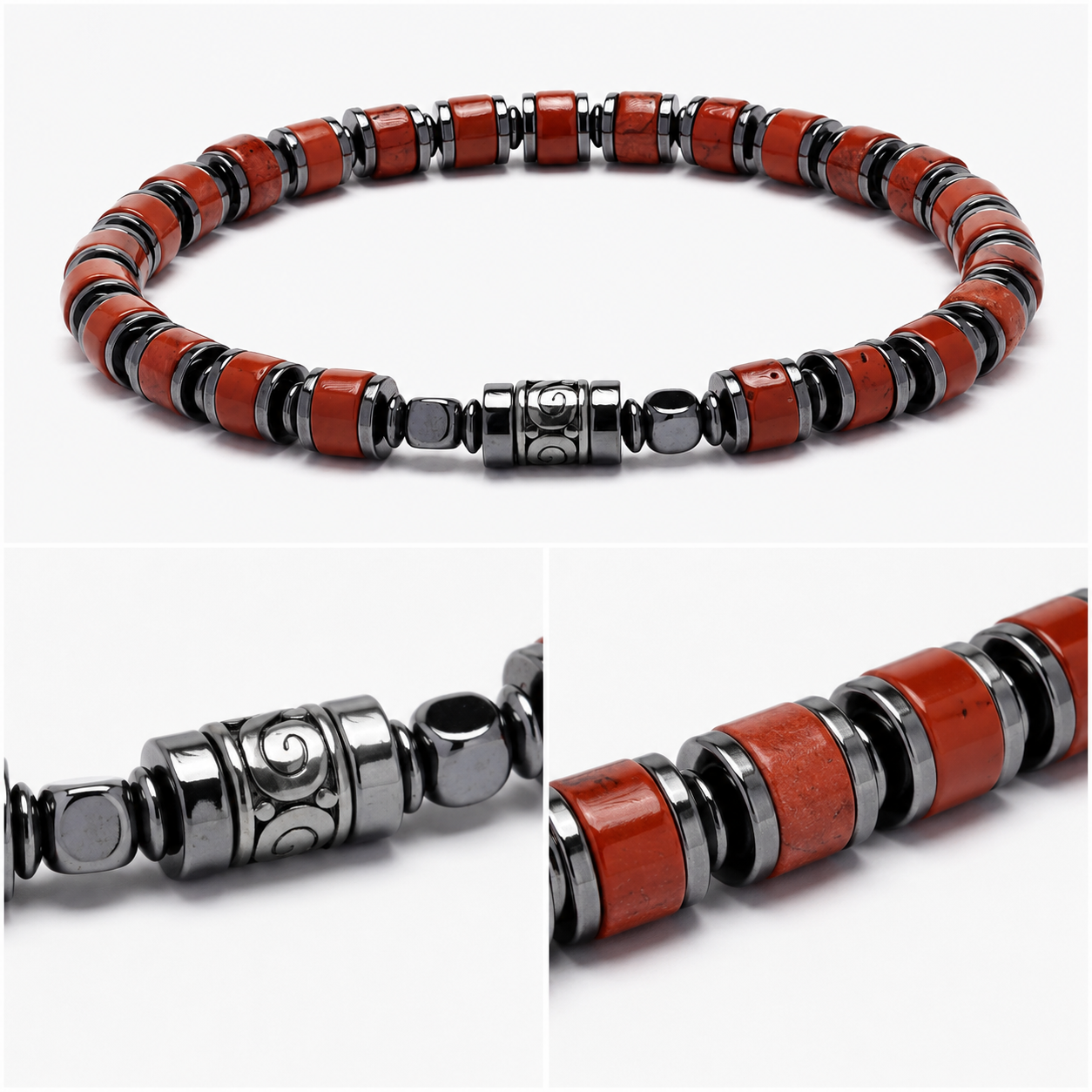 Old Roads red stone 4mm column bead bracelet natural stone texture detail