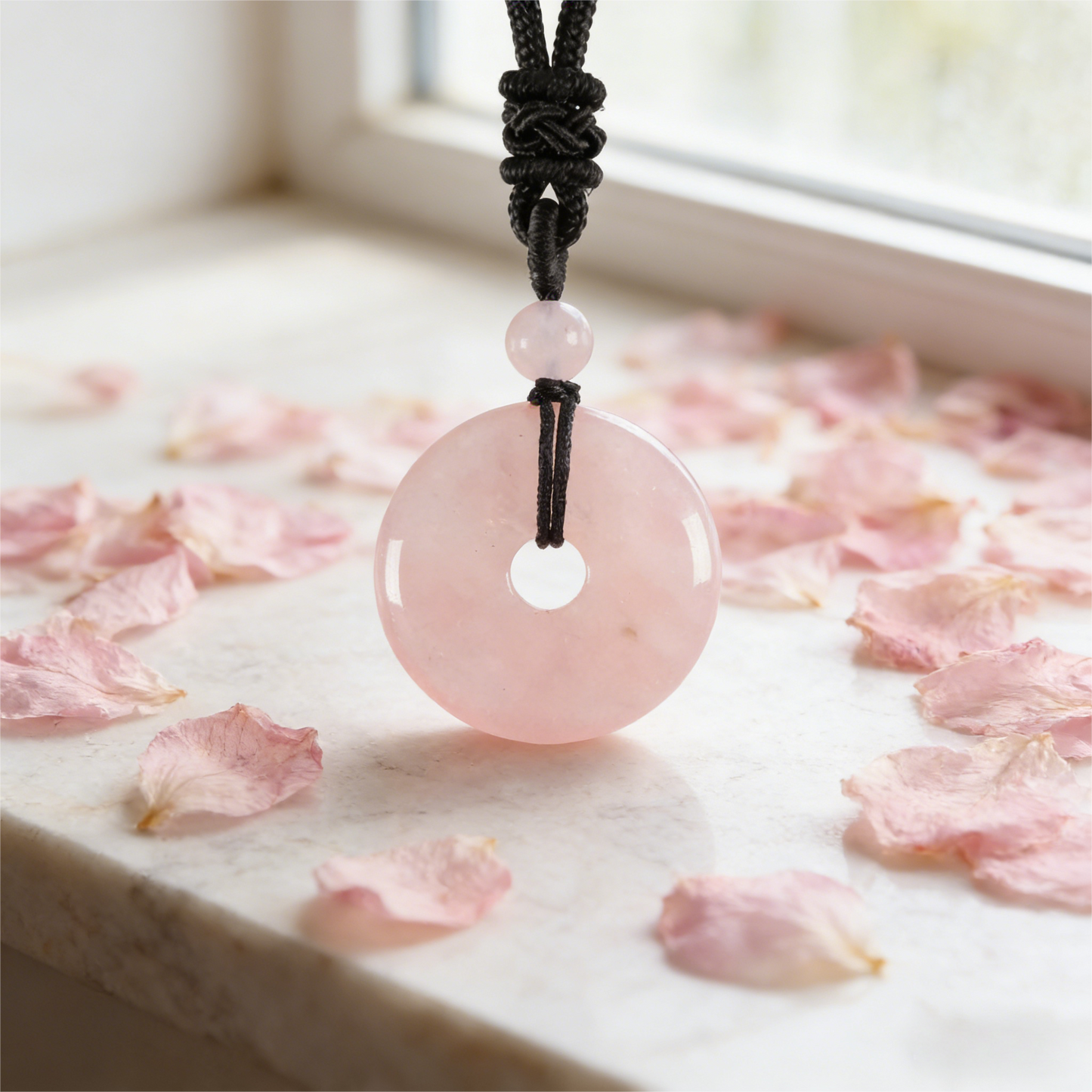 Rose Quartz Circle Pendant Necklace product photo with natural stone detail