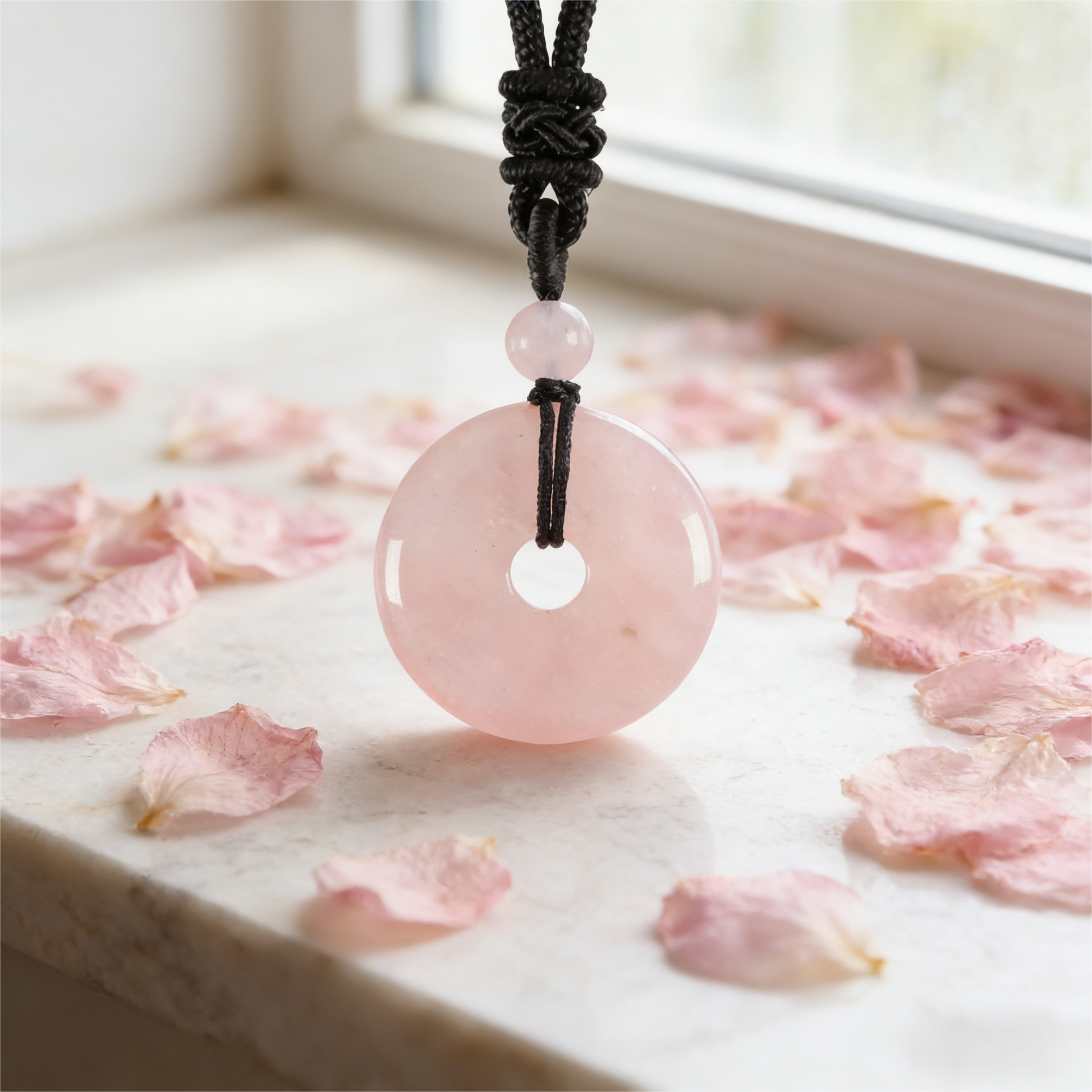 Rose Quartz Circle Pendant Necklace product photo with natural stone detail