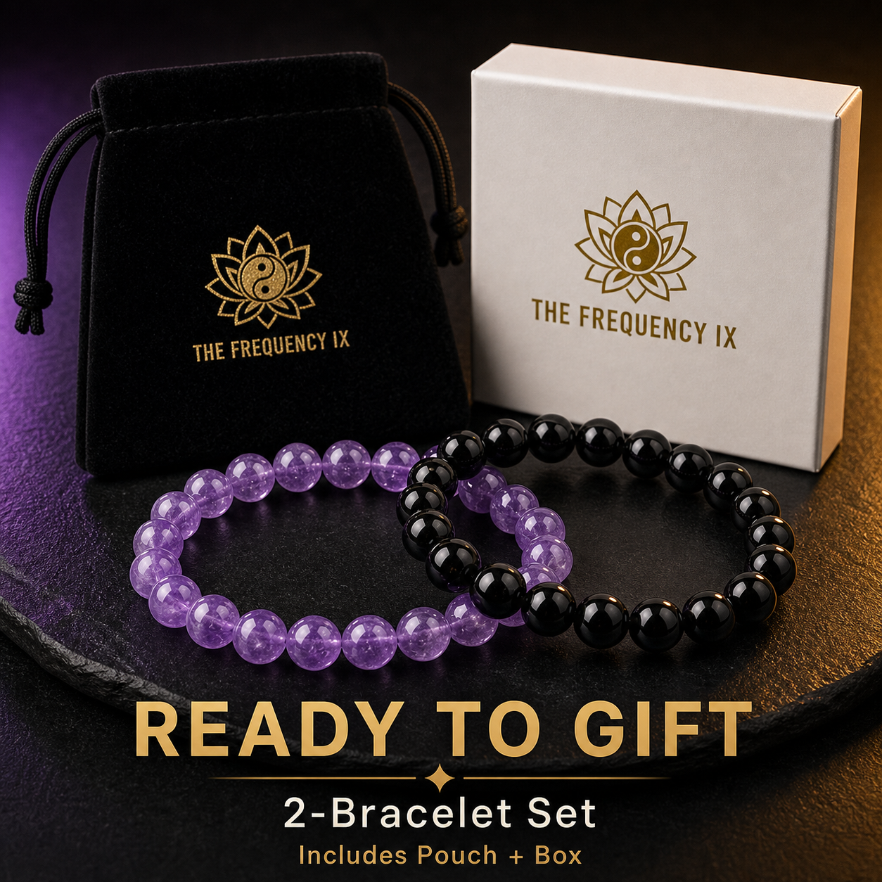Amethyst & Black Obsidian Bracelet Set product photo with natural stone detail