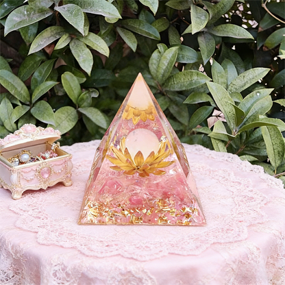 Sacred Lotus" Pink Crystal Orgone Pyramid (Heart Healing)