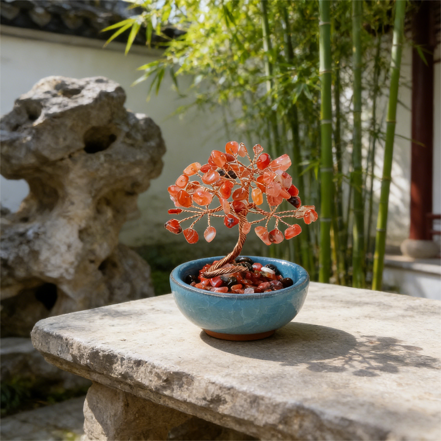 The Flame of Vitality" Red Agate Root Chakra Bonsai (6 Branches)