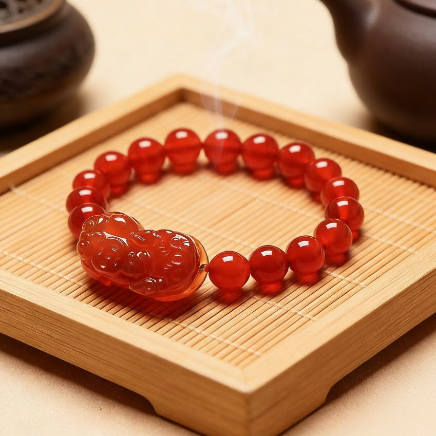 Wealth Guardian Red Agate & Gold-Etched PiXiu Talisman