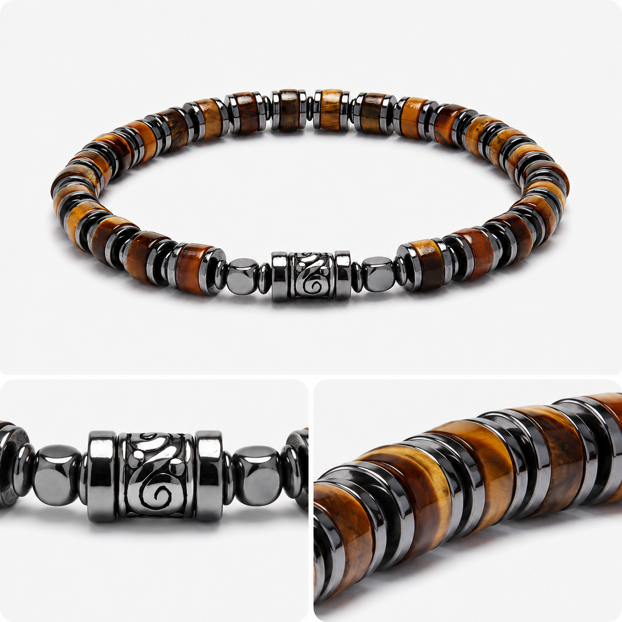 Old Roads Tiger Eye Bracelet bead and alloy spacer close-up