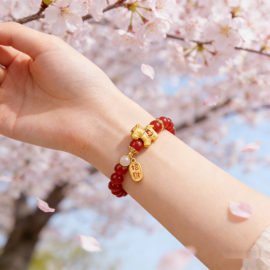 Red Agate Bracelet with Golden Horse product photo with natural stone detail