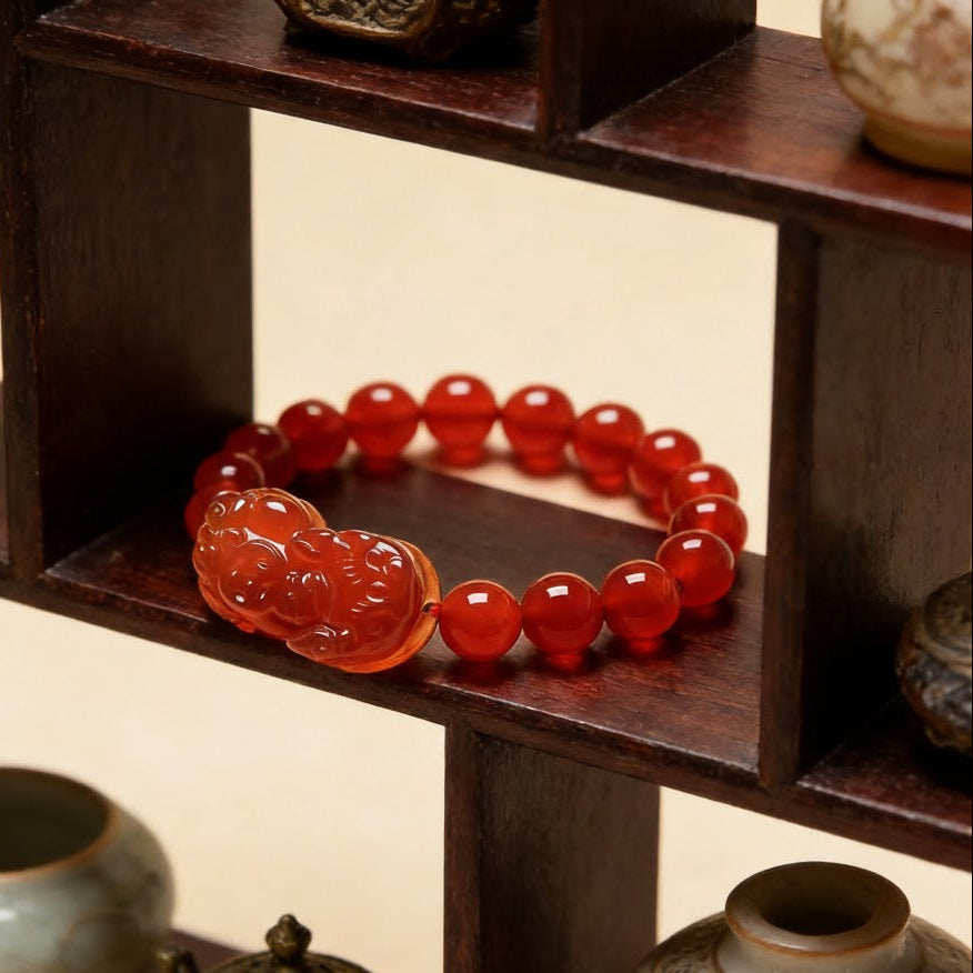 Wealth Guardian Red Agate & Gold-Etched PiXiu Talisman