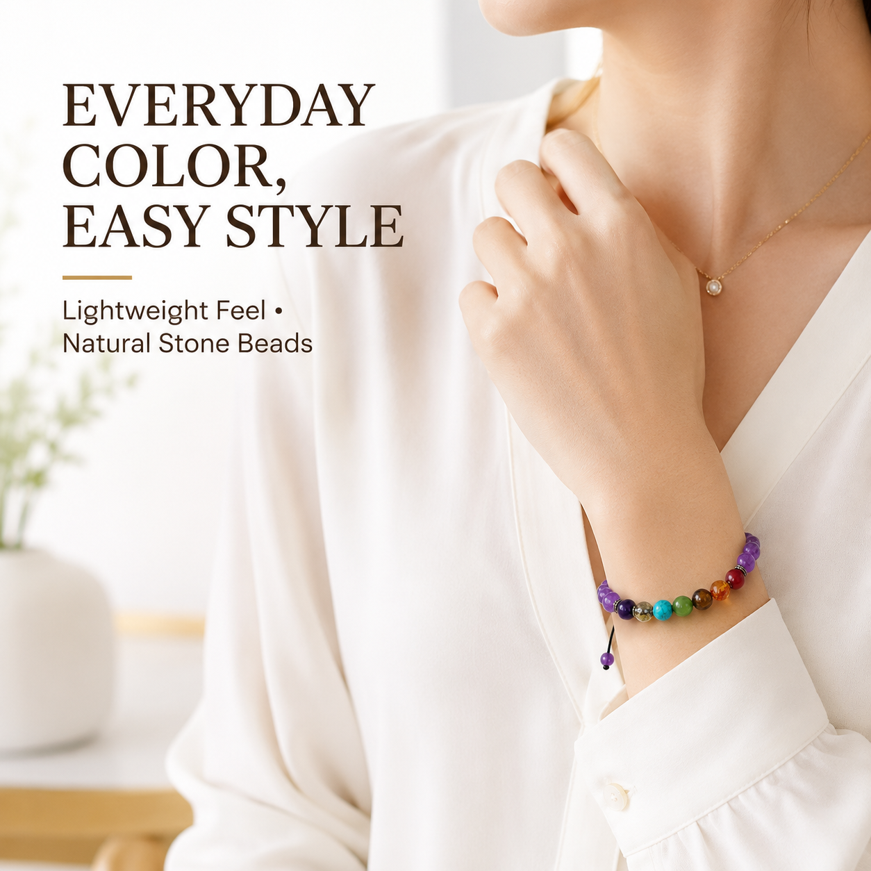 Amethyst and color stone bracelet worn on wrist