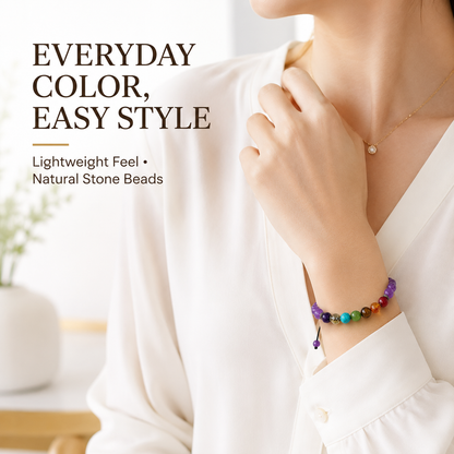 Amethyst and color stone bracelet worn on wrist