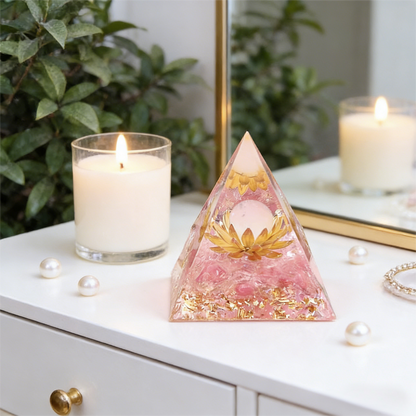 Sacred Lotus" Pink Crystal Orgone Pyramid (Heart Healing)