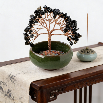 The Guardian's Vessel" Black Obsidian Protection Bonsai (7-Chakra Base)