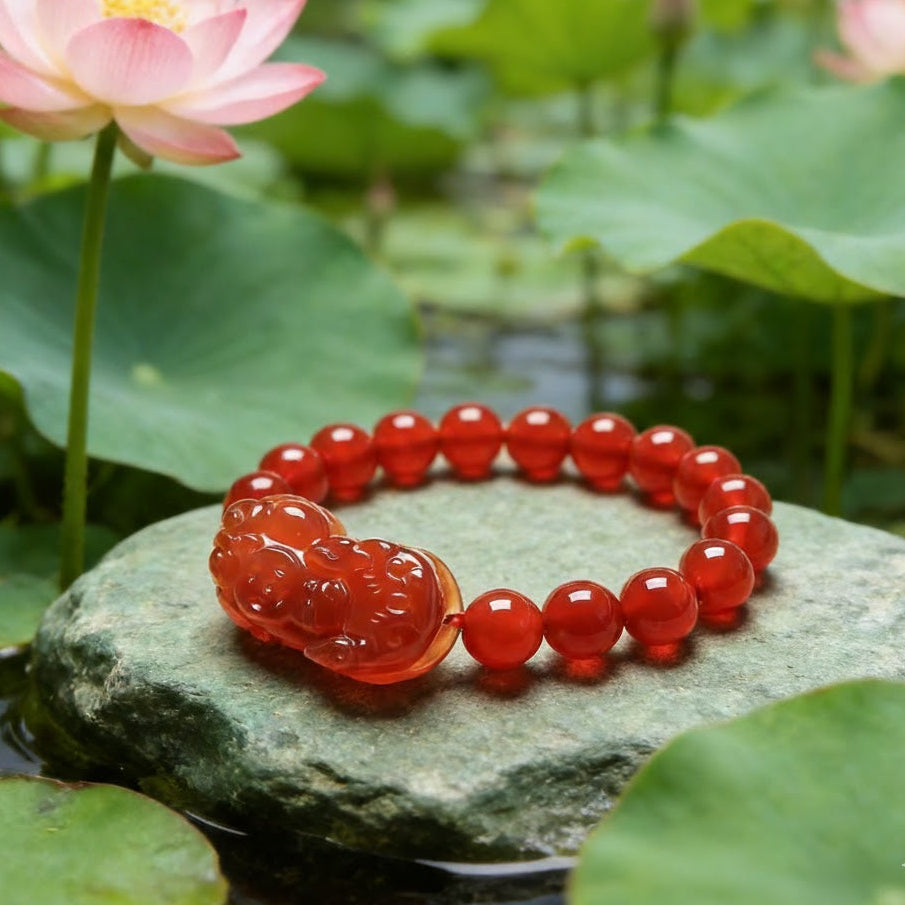 Wealth Guardian Red Agate & Gold-Etched PiXiu Talisman