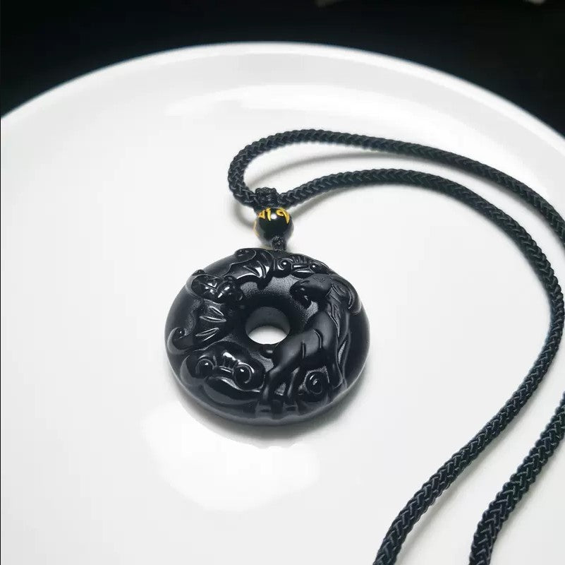 12 Zodiac Black Obsidian "Circle of Karma" Protection Amulet