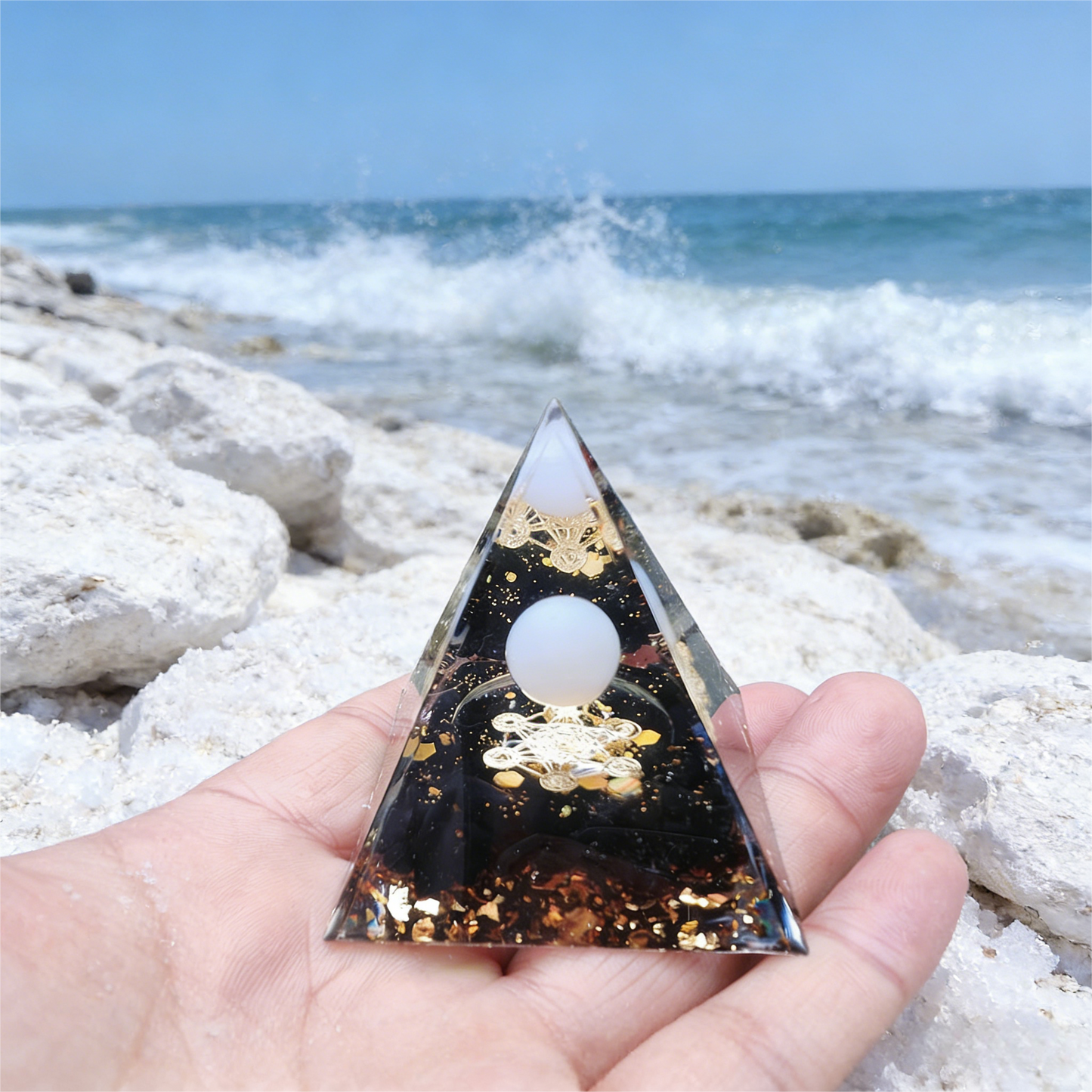 Black Obsidian Orgone Pyramid with Metatron's Cube - Ultimate Protection & Grounding